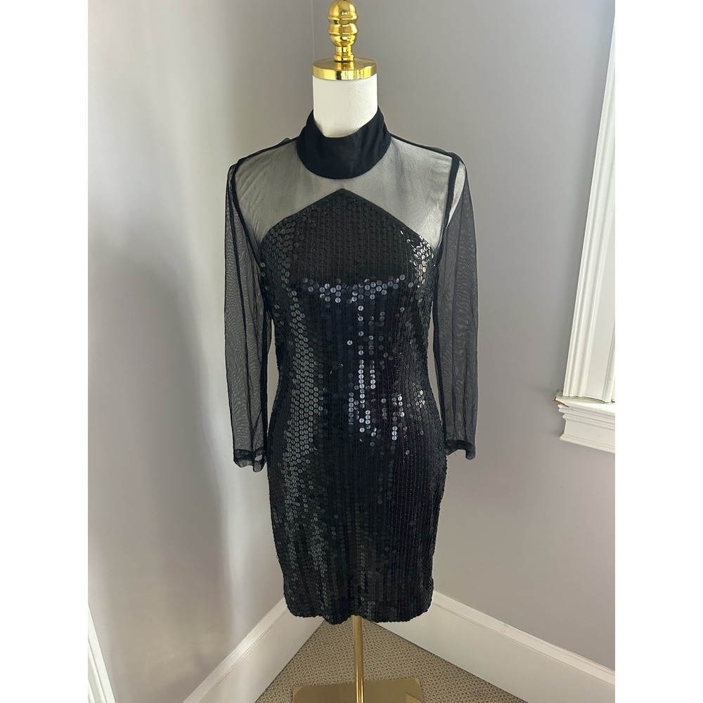 Vintage Peak Evening Dress Womens 8‎ Black Sparkle Sequin Mesh Sleeve & Back 90s